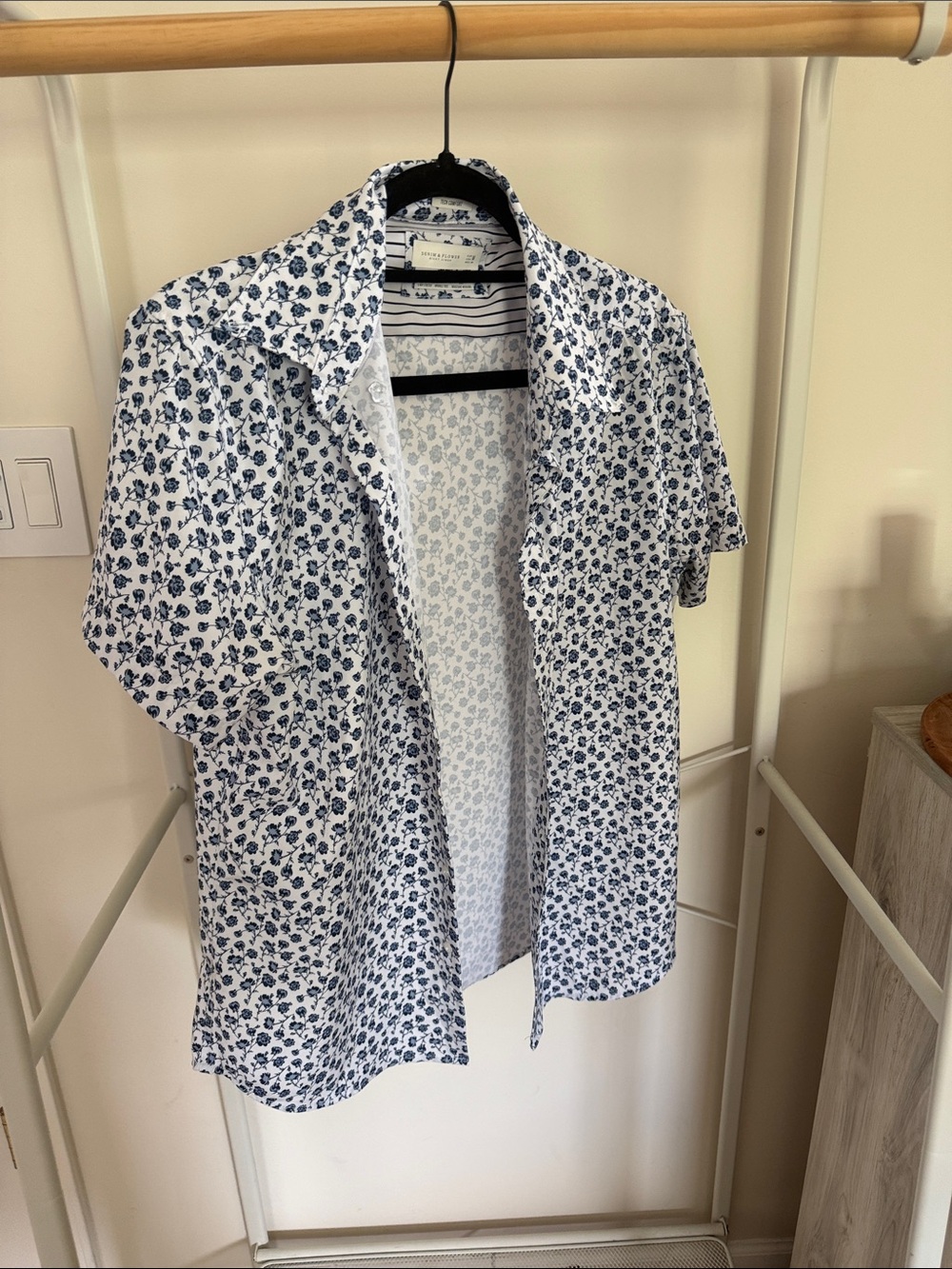 Denim & Flower White Shirt with Blue Floral Print - Casual Button Down